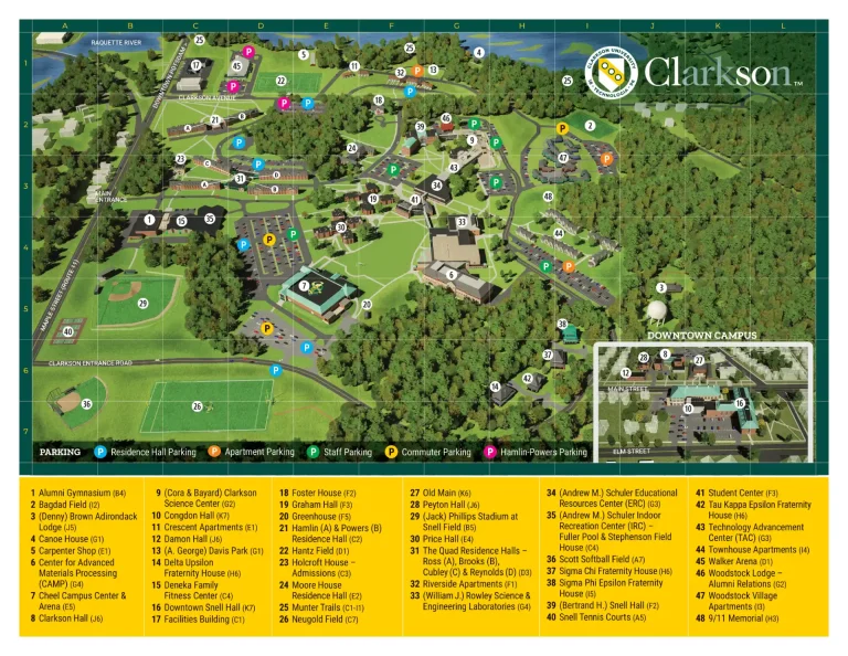 Clarkson University Campus Map 2025 showing labeled academic, residential, and athletic areas with main roads and landmarks.
