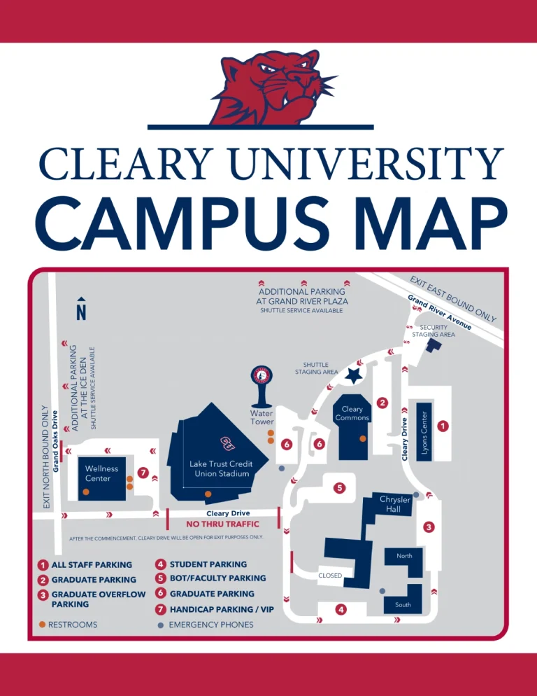 Cleary University Campus Map 2025 showing labeled academic buildings, the stadium, and parking lots along Grand Oaks Drive.