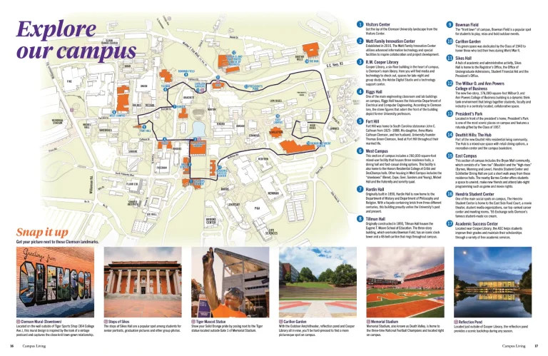 Clemson University Campus Map 2025 showing labeled academic, residential, and athletic areas with main roads and landmarks.