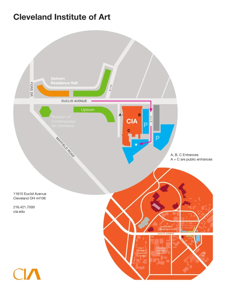 Cleveland Institute of Art Campus Map 2025 showing labeled academic, residential, and athletic areas with main roads and landmarks.