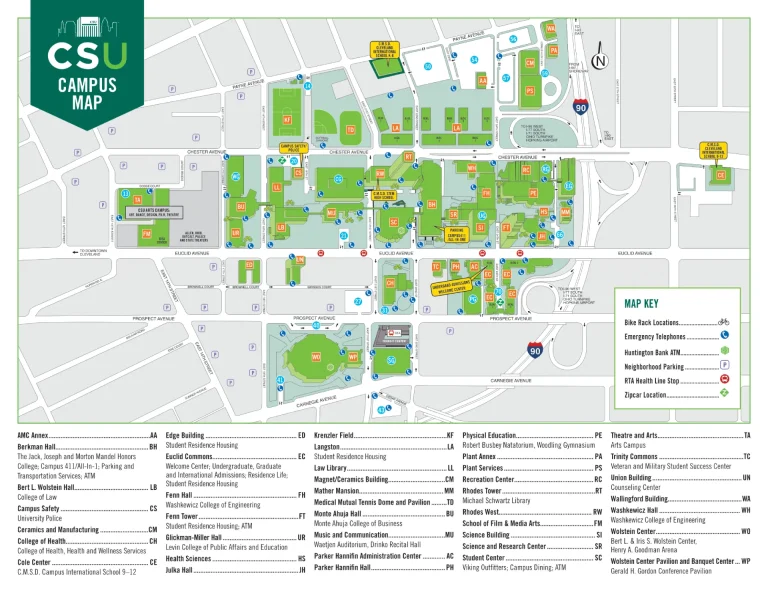Cleveland State University Campus Map 2025 showing labeled academic, residential, and athletic areas with main roads and landmarks.