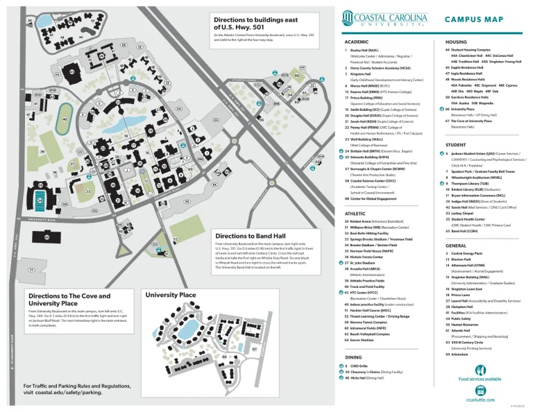 Coastal Carolina University Campus Map 2025 showing labeled academic, residential, and athletic areas with main roads and landmarks.