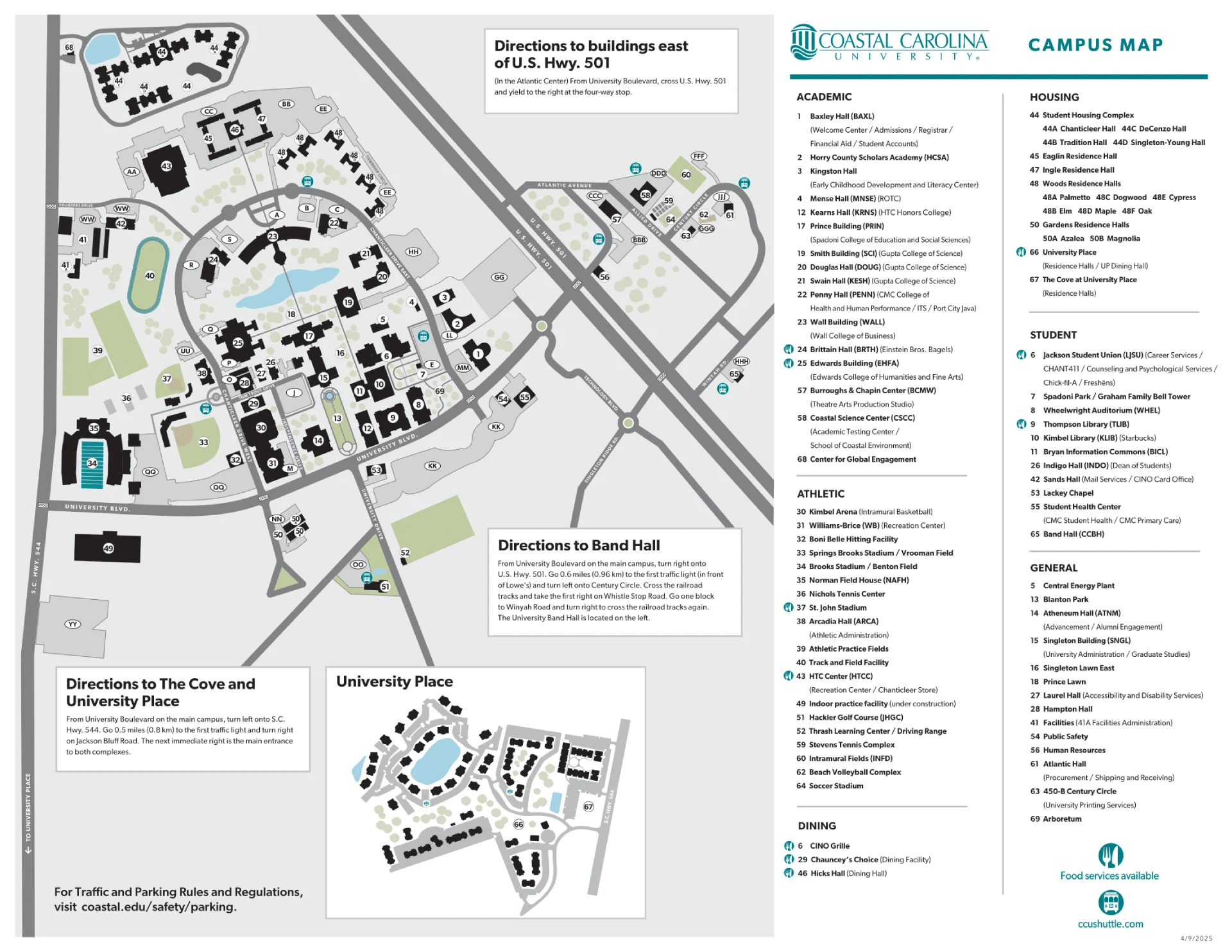 Coastal Carolina University Campus Map 2025 showing labeled academic, residential, and athletic areas with main roads and landmarks.