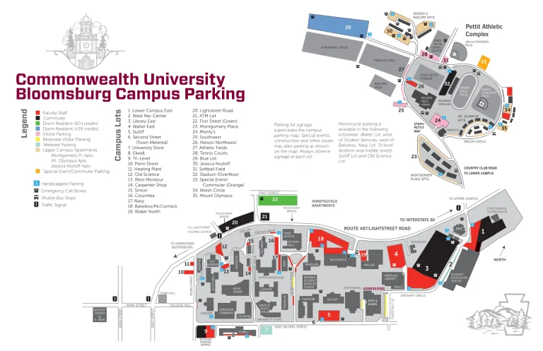 Commonwealth University Bloomsburg Campus Map 2025 showing labeled academic, residential, and athletic areas with main roads and landmarks.