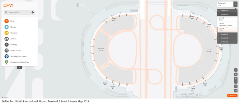 Dallas Fort Worth International Airport Terminal B Level 1 Lower Map 2025