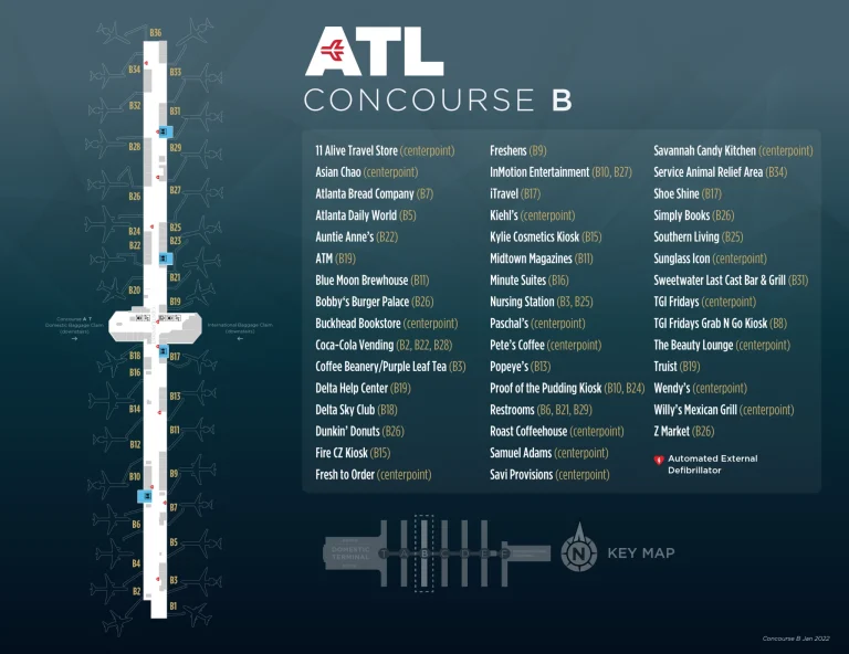 Hartsfield Jackson Atlanta International Airport Domestic Terminal North Concourse B Map 2022-2025