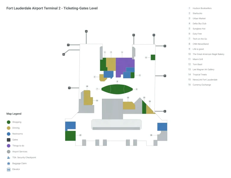 Fort Lauderdale Hollywood International Airport Terminal 2 Ticketing Gates Map 2025
