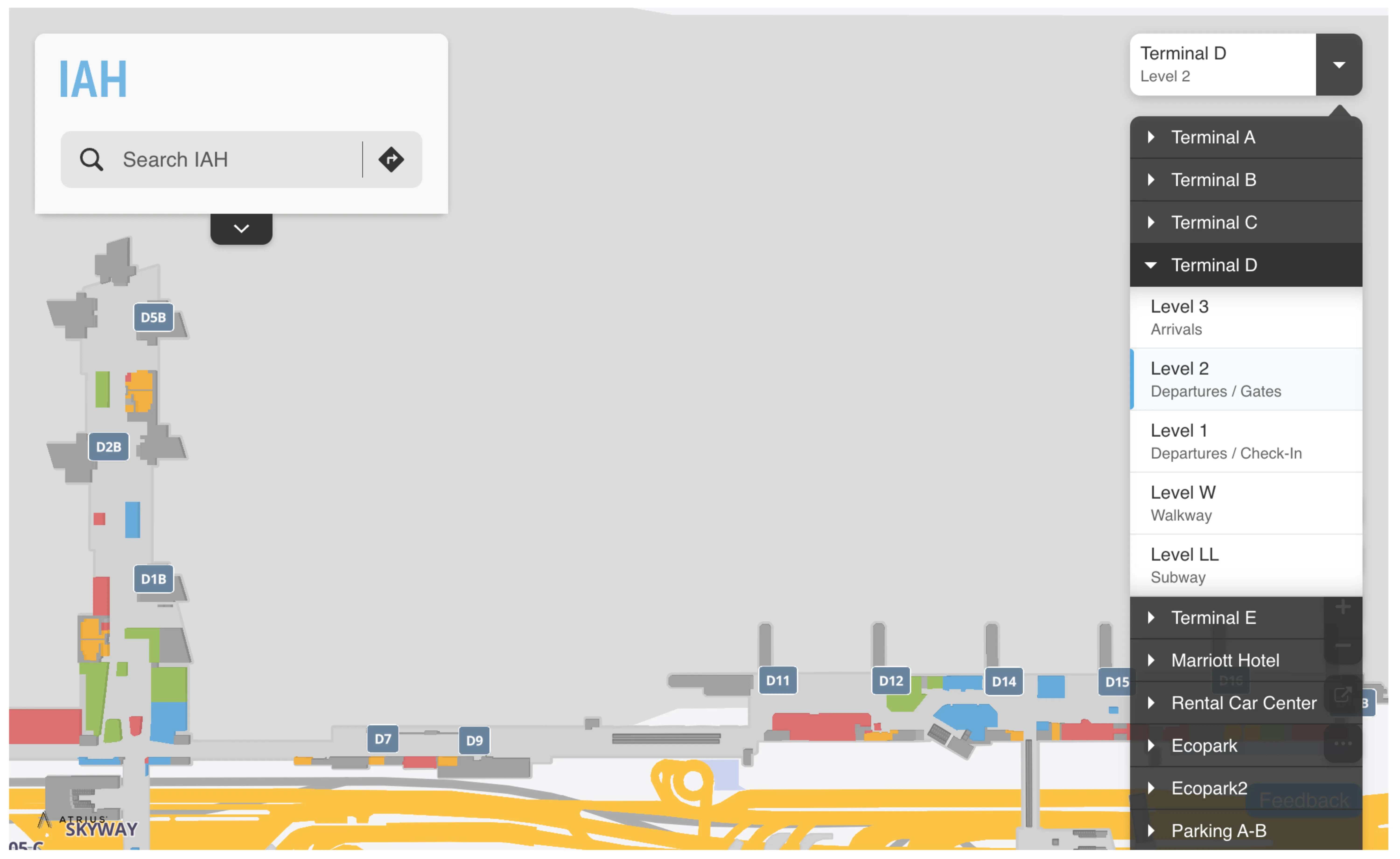 George Bush Intercontinental Airport Terminal D Level 2 Departures and Gates Map 2025