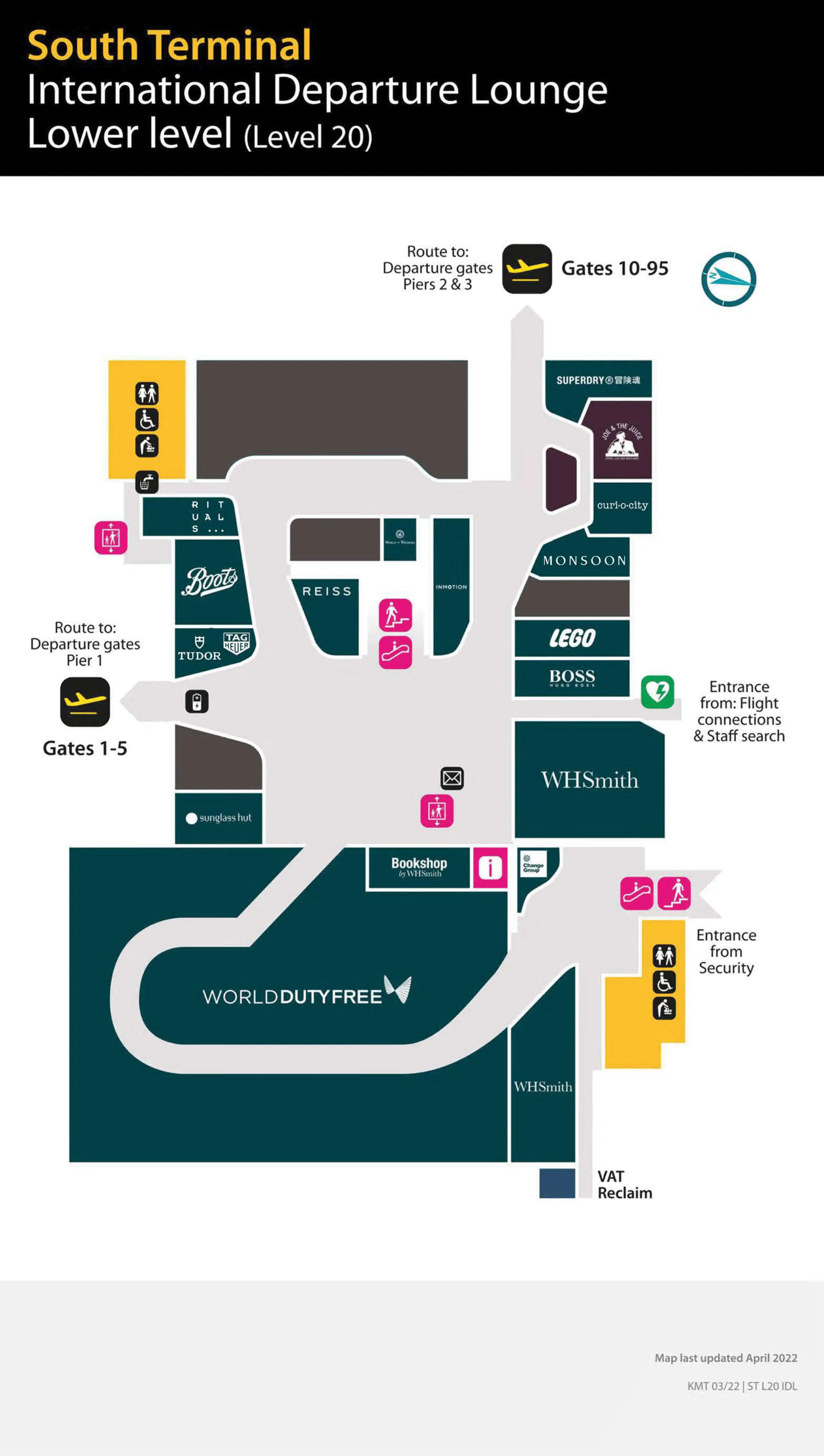 London Gatwick Airport South Terminal International Departure Lounge Lower Level Map 2022-2025