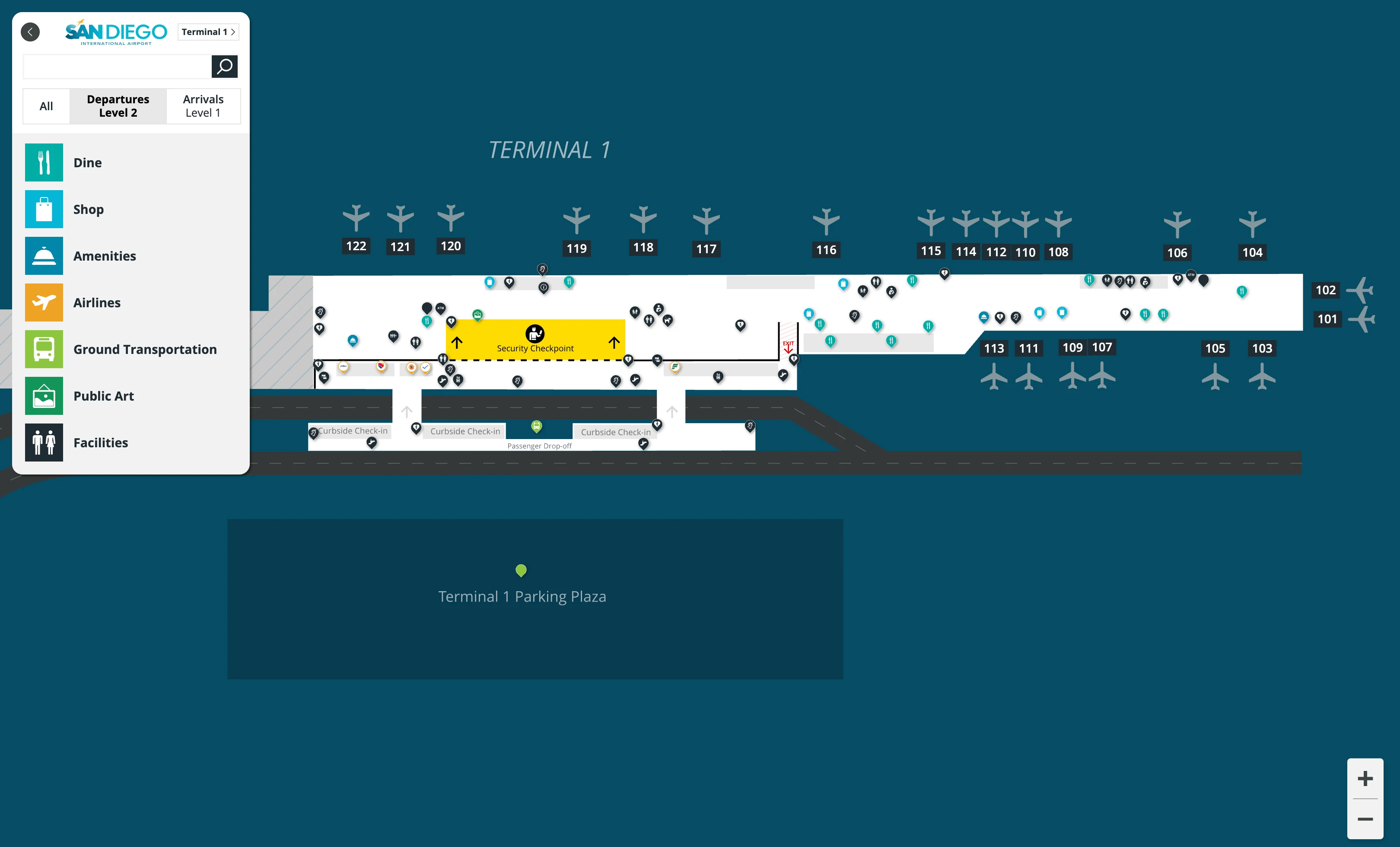 San Diego International Airport Terminal 1 Level 2 Departures Map 2025