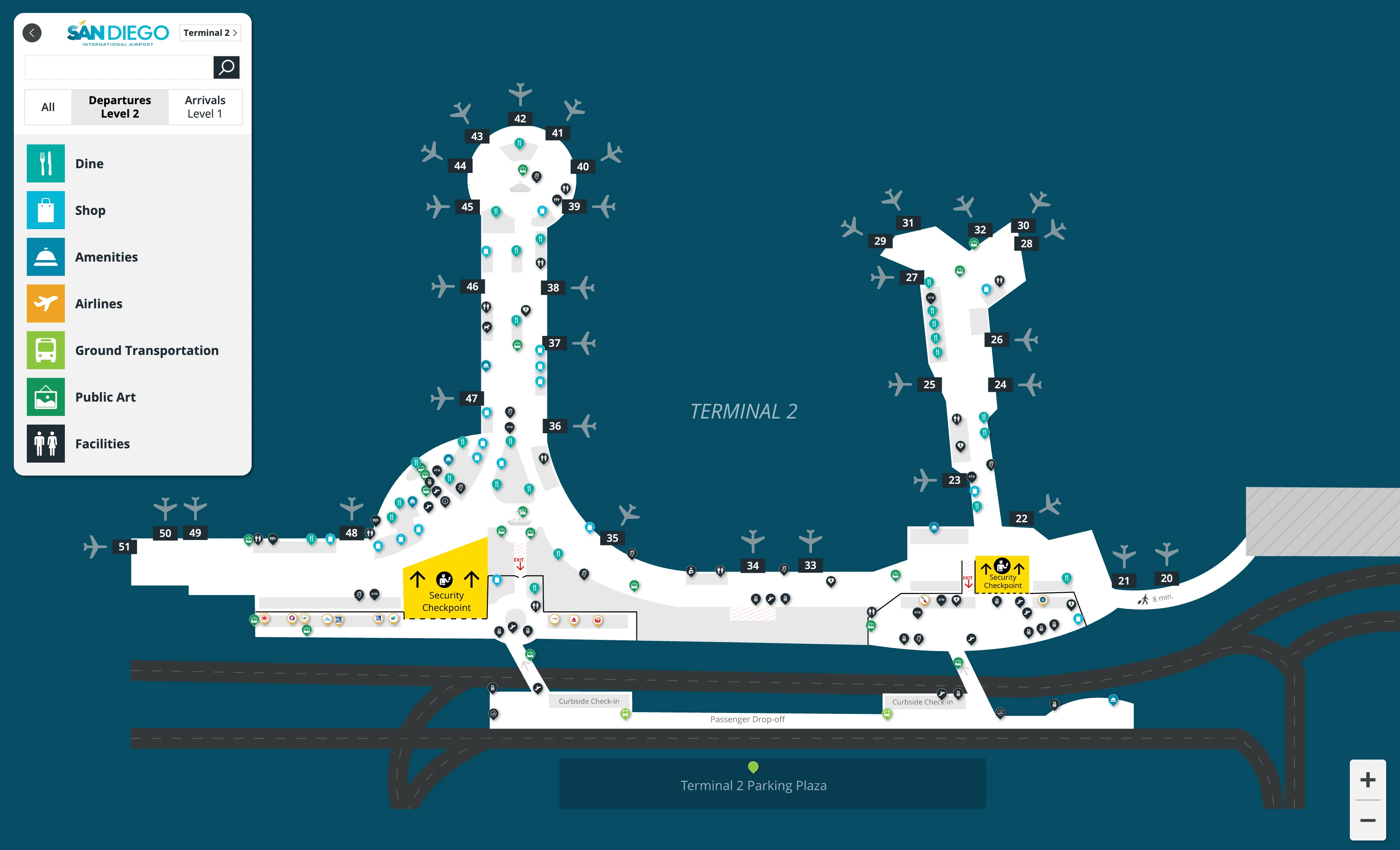 San Diego International Airport Terminal 2 Level 2 Departures Map 2025