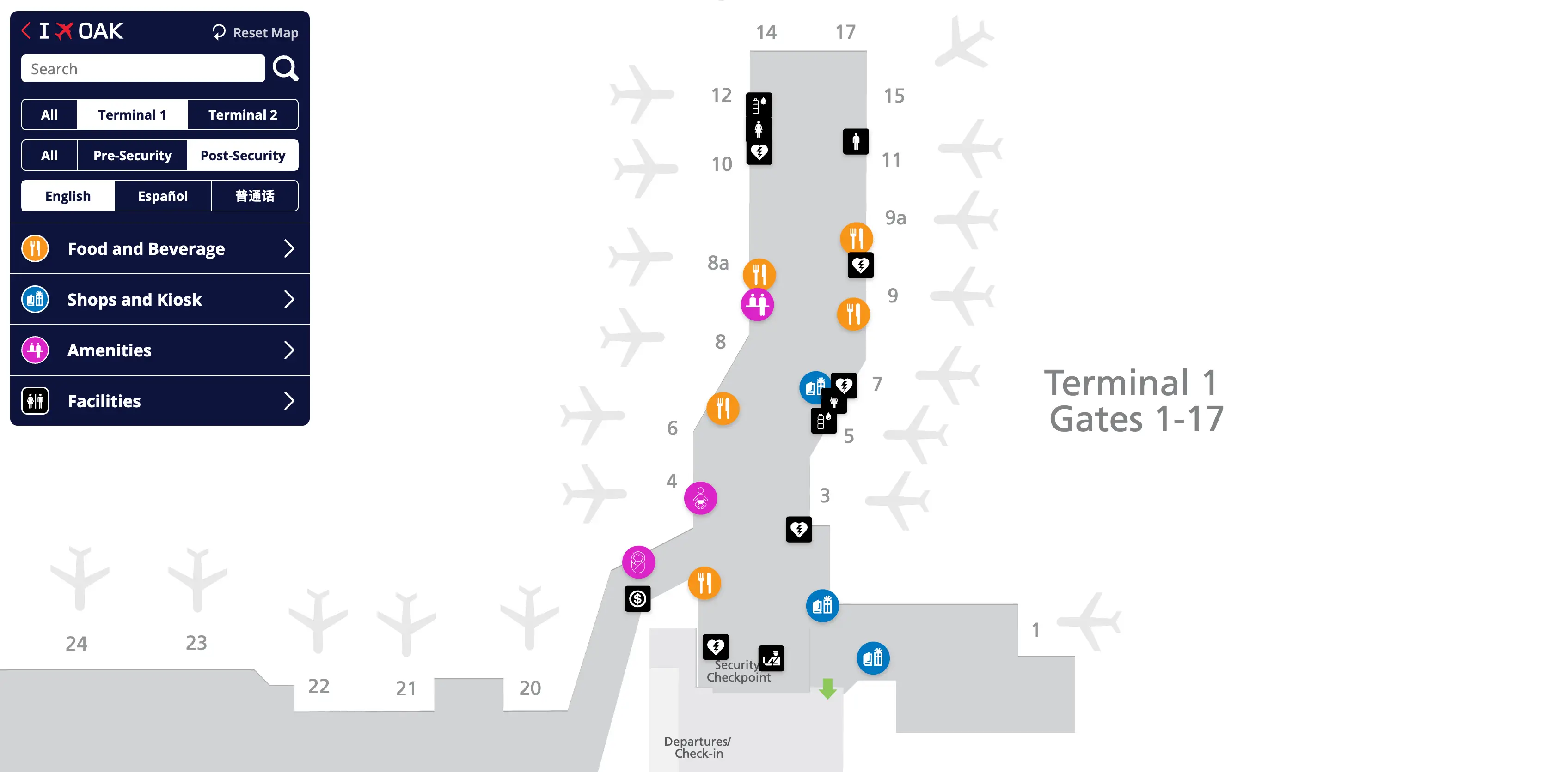 San Francisco Bay Oakland International Airport Terminal 1 Post Security Map 2025