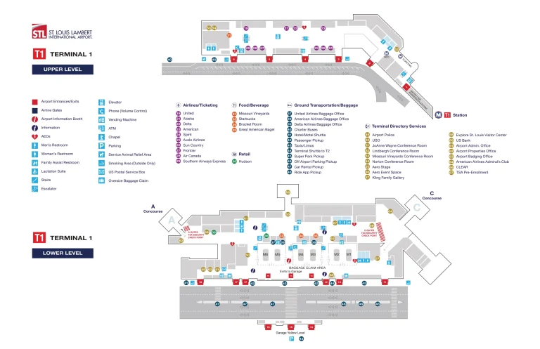 St. Louis Lambert International Airport Terminal 1 Upper and Lower Level Map 2025